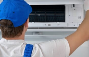 A professional technician cleaning and inspecting HVAC system.